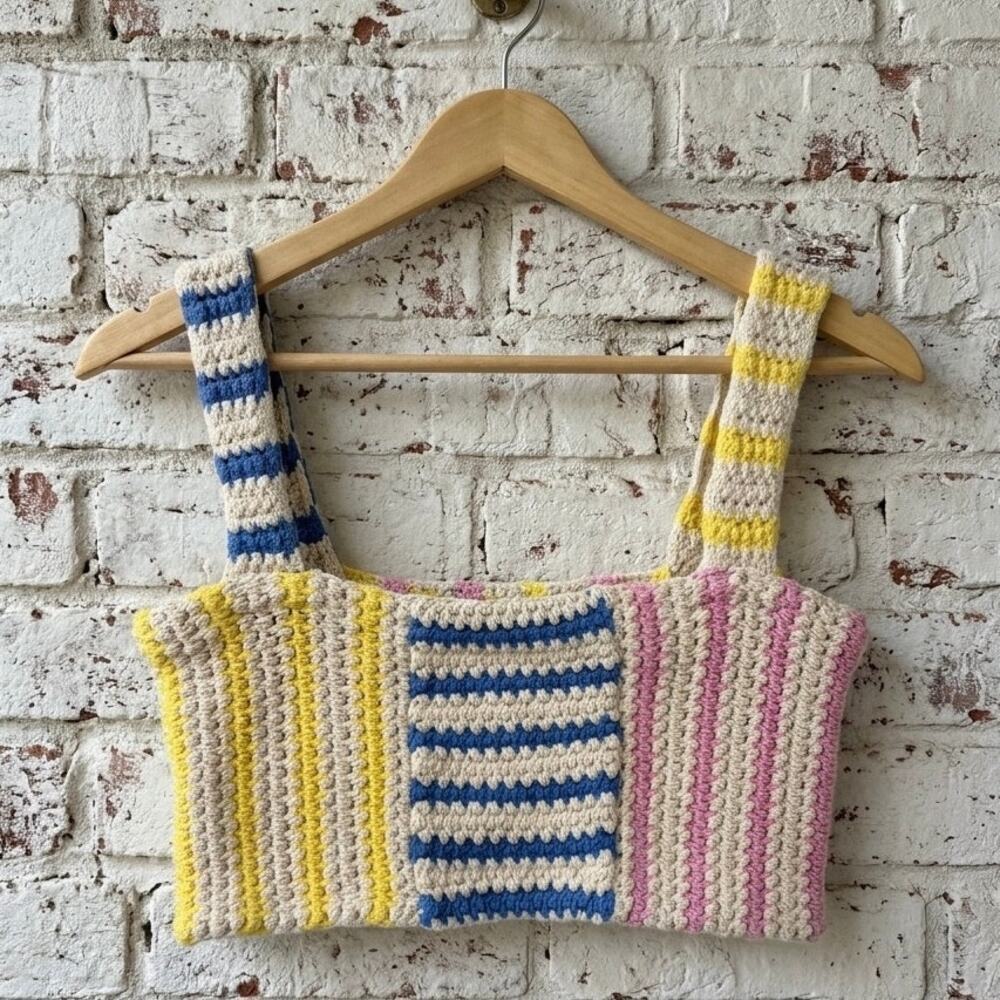 Zara Striped Crochet Patchwork Crop Top Boho Festival Knit Tank Small
